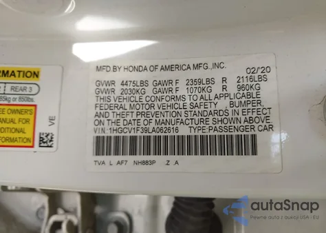 2020 Honda Accord Sport из США, поврежденный, VIN 1HGCV1F39LA062616